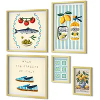 Coloray 5-Delige Schilderij Set - Keukeninspiratie Uit Italië: Citrusvruchten En Zeevruchten - 50 x 50 cm, 20 x 30 cm En 40 x 60 cm - Stijlvolle Muurdecoratie - Kantoor