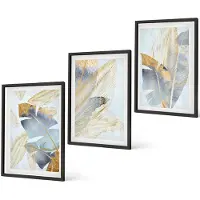 Coloray 3-Delige Schilderij Set - Bladeren In Blauwe En Beige Tinten Op Een Lichte Achtergrond. - 40 x 60 cm - Wanddecoratie - Woonkamer Decoratie - Stijlvolle Muurdecoratie