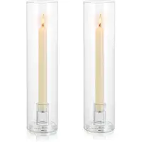 Famanu – Glazen hurricane kaarsenhouder, kandelaar voor bruiloft tafelcentra, heldere taper kaarsenhouder met cilinder schaduw, set van 2