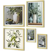 Coloray 5-Delige Schilderij Set - Groene olijven in vazen: stijlvolle keukendecoratie - 50 x 50 cm, 20 x 30 cm en 40 x 60 cm - Muurdecoratie - Wanddecoratie - Slaapkamer - Woonkamer Decoratie