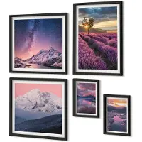 Coloray 5-Delige Schilderij Set - Natuurlandschappen Met Lavendelvelden En Bergen - 50 x 50 cm, 20 x 30 cm En 40 x 60 cm - Wanddecoratie - Muurdecoratie - Woonkamer - Woonkamer Decoratie
