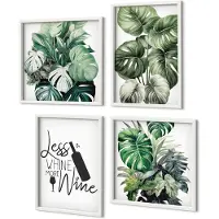 Coloray 4-Delige Schilderij Set - Groene Plantenbladeren Met Het Opschrift "Wijn". - 40 x 40 En 40 x 60 - Stijlvolle Muurdecoratie - Kantoor - Interieur Decoratie