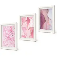 Coloray 3-Delige Schilderij Set - Roze pioenrozen met geometrische patronen - 20x30 - Decoratieve Muurdecoratie - Slaapkamer - Decoratieve Schilderijen