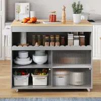 HAUSS SPOLE Keukenkast - Opklapbare Keukeneilandwagen Met Schuifdeuren En Wielen - Voor Keuken En Eethoek - MDF - 122x46x91 Cm - Grijs