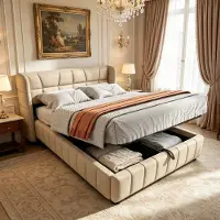 HAUSS SPOLE Gestoffeerd Bed 140x200 cm - Bed met Opbergruimte en Hefmechanisme - Zonder Matras - Met Hoofdbord en Lattenbodem - Stof - Beige