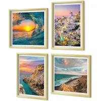 Coloray 4-Delige Schilderij Set - Uitzicht op de zee, de golven en de witte huizen op Santorini, Griekenland - 40 x 40 cm en 40 x 60 cm - Muurdecoratie - Interieur Decoratie - Moderne Wanddecoratie