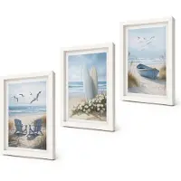 Coloray 3-Delige Schilderij Set - Strand met surfplanken, boten en vogels - 20x30 - Schilderijen Set - Wanddecoratie - Woonkamer - Muurdecoratie