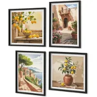 Coloray 4-Delige Schilderij Set - Citrusvruchten In De Keuken, Uitzicht Op De Zee En Het Charmante Stadje. - 40 x 40 cm En 40 x 60 cm - Muurdecoratie - Wanddecoratie - Slaapkamer - Woonkamer Decoratie