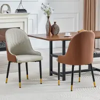 HAUSS SPOLE Eetkamerstoel - Set Van 2 - Met Armleuningen En Gestikte Bliksemrug - Voor Eetkamer En Keuken - Kunstleer Warmgrijs En Bruin