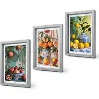 Coloray 4-Delige Schilderij Set - Granaatappels, perziken en citroenen in vazen - 20 x 30 cm - Stijlvolle Wanddecoratie - Interieur - Muurdecoratie