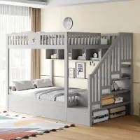 HAUSS SPOLE Houten Bed 140x200 cm - Hoogslaper Met Hydraulisch Onderbed - Met Opbergrek En Trap Met Opberglades - Massief Hout - Grijs - Zonder matras
