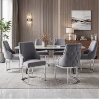 HAUSS SPOLE Eetkamerstoel - Luxe Velvet Design - Set Van 6 - Comfortabel Met 3D Ruitstiksel En Zilverkleurig Metalen Onderstel - Grijs En Zilver