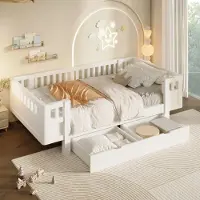 HAUSS SPOLE Kinderbed 90x200 cm - Met Hoog Veiligheidshek en 2 Opberglades - Zonder matras - Eenpersoons Platformbed van Hout en MDF - Wit
