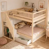 HAUSS SPOLE Stapelbed 140x200 cm - Met Opbergtrap, Bedlade en Hoge Uitvalbeveiliging - Zonder Matras - Voor Kinderkamer - Hout - Houtkleur