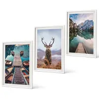 Coloray 3-Delige Schilderij Set - Meer Met Boten, Herten En Berglandschap - 40 x 60 - Schilderijen Set - Wanddecoratie - Woonkamer