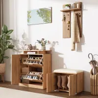 HAUSS SPOLE Garderobeset - Met Schoenbank Schoenenkast Spiegel En Haken - Voor Hal En Entree - Spaanplaat - 140x35x133 Cm - Naturel