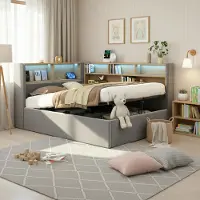 HAUSS SPOLE Gestoffeerd Daybed 90x200 cm - Met Hydraulische Opbergruimte - Met LED Verlichting En USB En Type C - Met Lattenbodem - Zonder Matras - Fluweel - Grijs