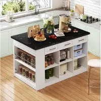 HAUSS SPOLE Keukeneiland Met Uitschuifbare Eettafel Voor Woonkeuken En Familiebijeenkomsten Wit Zwart Marmer MDF 150x90x90 Cm