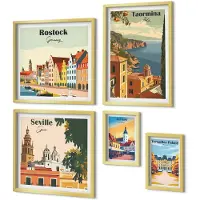 Coloray 5-Delige Schilderij Set - Landschappen Van Europese Steden Met Architectonische Iconen - 50 x 50 cm, 20 x 30 cm En 40 x 60 cm - Wanddecoratie - Schilderijen Set - Kantoor - Muurdecoratie