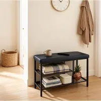 HAUSS SPOLE Schoenenbank - Open Opbergrek Met Zitting En 3 Vakken - Voor Hal En Slaapkamer - Metaal En Kunstleer - 80x30x50 Cm - Zwart