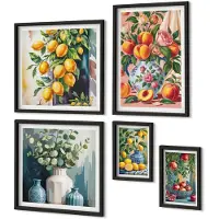 Coloray 5-Delige Schilderij Set - Fruitcomposities Met Bloemen En Keramische Vazen - 50 x 50 cm, 20 x 30 cm En 40 x 60 cm - Wanddecoratie - Schilderijen Set - Kantoor - Woonkamer Decoratie