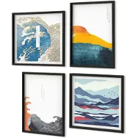 Coloray 4-Delige Schilderij Set - Golven En Kunst In Japanse Grafische Stijl - 40 x 40 cm En 40 x 60 cm - Stijlvolle Wanddecoratie - Interieur - Muurdecoratie