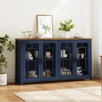 HAUSS SPOLE Keukenkast - Modern Sideboard Met Glazen Deuren En Grote Opbergruimte - Voor Keuken Eetkamer En Woonkamer - MDF - 160x40x86 Cm - Blauw
