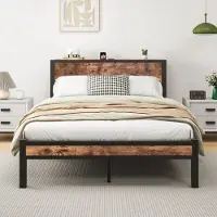 HAUSS SPOLE Bed 140x200 cm - Met Opberg Hoofdbord en Lattenbodem - Zonder Matras - Metalen Frame met MDF - Vintage Bruin en Zwart