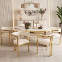 HAUSS SPOLE Eetkamerstoel - Modern Chenille Ontwerp - Set Van 6 - Met Armleuning En Goudkleurig Metalen Onderstel - Beige Goud