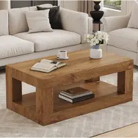 OKWISH Salontafel - Rechthoekig 2-Laags Ontwerp - Open Opbergrek Voor Woonkamer - MDF Houtkleur - 93 x 53 x 46 cm