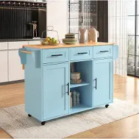 OKWISH Keukenkast - Keukenwagen Met Klapbaar Blad En Wielen - 139x46x91,5 cm - 3 Lades En 2 Deuren - MDF Blauw Met Houtlook
