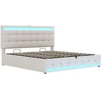 OKWISH Gestoffeerd Bed 180x200 cm - RGB LED Met App-besturing - Verstelbaar Hoofdeinde - Met Lades - Stof - Beige - Zonder matras