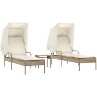 vidaXL Ligbedden 2 st met luifels en tafel poly rattan beige