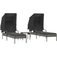 vidaXL Ligbedden 2 st met luifels en tafel poly rattan grijs