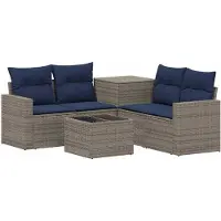 vidaXL Bankstel 6 st Grijs en Marineblauw Poly Rattan en Staal