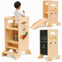 Olvy Kids - 4-in-1 Leertoren - Keukenhulp - Learning Tower - Montessori Leertoren - Kindertrap - Keukentoren - Met Glijbaan