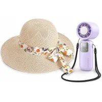 OEM - Zonnehoed en Ventilator Set - dames beige opvouwbare strohoed met brede rand en strik - Aparte handventilator - Voor strand, vakantie, reizen