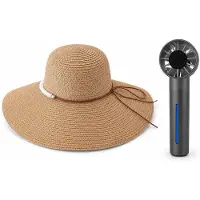 VHV - Zonnehoed en Ventilator Set - dames bruine strandhoed - Aparte handventilator met mistfunctie - Voor strand, reizen, tuin