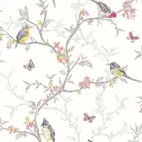 Holden Decor HoldSongbird Behang – Vogels & Bloemen – Wit Multi – Vliesbehang – 53 cm x 10,05 m – Landelijke & Botanische Stijl
