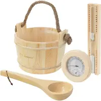 LuxeBath | Sauna-accessoireset, 4-delig, van massief grenenhout, sauna-emmer van 4 liter met hennepkoord, saunaspatel, thermometer-hygrometer en zandloper van 15 minuten