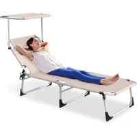 ACXIN Ligstoel Inklapbaar - Khaki - Tuin Ligstoel met Verstelbaar Zonnescherm - 600D Oxford Stof - 194x68x30 cm - Hoofdsteun Zijvak - Tuin Strand Camping Terras
