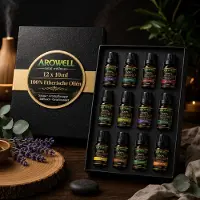 Arowell – Etherische Olie Set – 12 x 10 ml – 100% Pure Etherische Oliën – Voor Aroma Diffuser, Sauna, Aromatherapie & Geurbrander – Luxe Geschenkverpakking