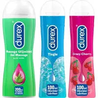 Durex - 3 Glijmiddelen - Voor De Smaak Van Avontuur - Waterbasis - Massage Olie en Glijmiddel 2-in-1 Aloë Vera 200ml - Play Pleassure Gel Tingle 100ml - Crazy Cherry met Smaak 100ml