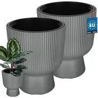 KOTARBAU 2 Stuks - Bloempot - Plantenpot Ø 29 cm - met Binnenpot - Geribbelde Plantenbak - Plantenpot met Voet - Plantenbak - Kunststof - H: 36 cm - Grijs
