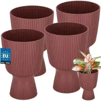 KOTARBAU 4 Stuks - Bloempot - Plantenpot met Sokkel ⌀ 14 cm - PVC - Geribbelde Orchideeënpot - H: 21 cm - Marsala - Kelkvorm