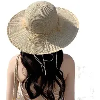 VHV -Premium Zonnehoed Dames met Brede Rand - UPF 50+ UV Bescherming Strohoed - Elegante Strandhoed met Kanten Bloem - Opvouwbare Zomerhoed voor op Reis - Zachte Zonnehoed voor Dames - Beige