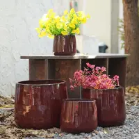 OKWISH Bloempot Glanzende Set – 4-Delig Ø33/26/20/15 Cm – Keramiek – Dieprood – Voor Binnen En Buiten Met Afwateringsgat En Hoogglansglazuur