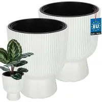 KOTARBAU 2 Stuks - Bloempot - Plantenpot Ø 29 cm - met Binnenpot - Geribbelde Plantenbak - Plantenpot met Voet - Plantenbak - Kunststof - H: 36 cm - Wit