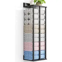 Famanu – Handdoekenrekken voor wandmontage in de badkamer met houten opbergplank, stevige handdoekhouder voor opgerolde handdoeken, zwart