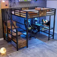 Merax 140x200cm hoogslaper - met bureau - opbergvakken - kledingstang - LED-verlichting en stopcontact - zwart - zonder matras
